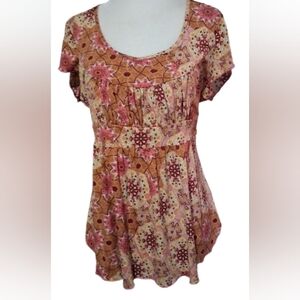 INC Concepts Floral Pink & Orange Short Sleeve Print Women's Top, Size Large